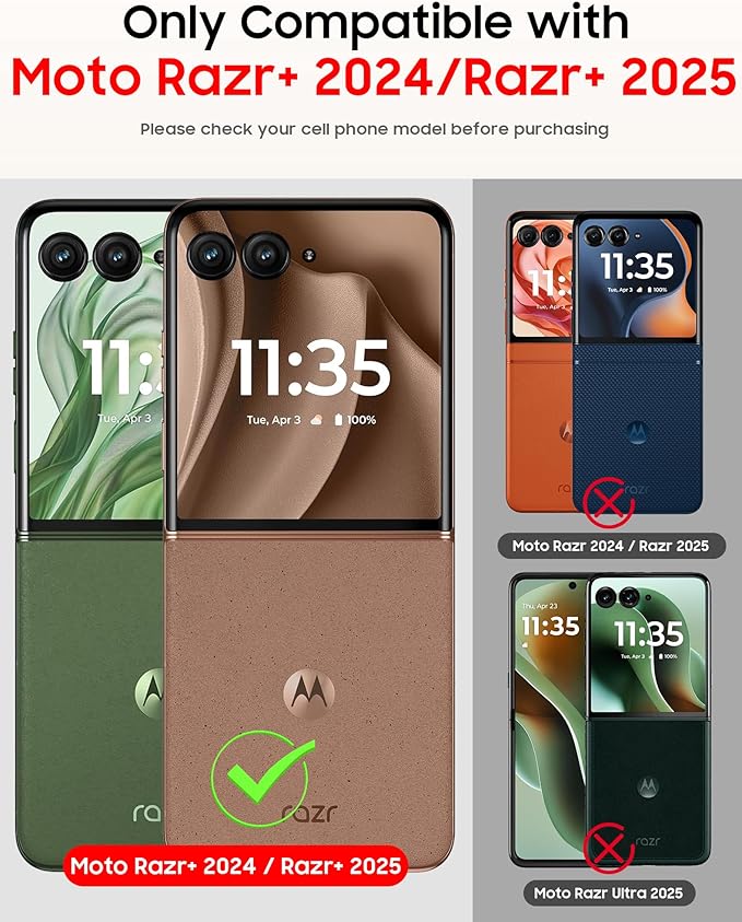 for Motorola Razr+ Plus 2025 Case/Razr+ Plus 2024 Case, Built-in Screen Protector & Hinge Protection & 360° Spin Stand & Hand Strap, Slim Leather Shockproof Phone Case for Razr+ 2025(Black)