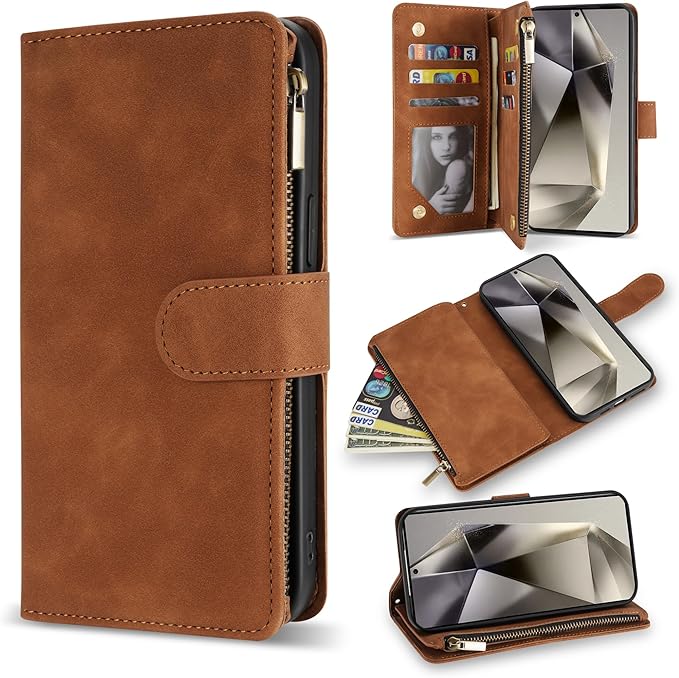 ZZXX Samsung Galaxy S24 Ultra 6.8 inch PU Leather Wallet Case with RFID Blocking, Card Slot, Kickstand (Brown)