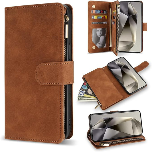 ZZXX Samsung Galaxy S24 Ultra 6.8 inch PU Leather Wallet Case with RFID Blocking, Card Slot, Kickstand (Brown)