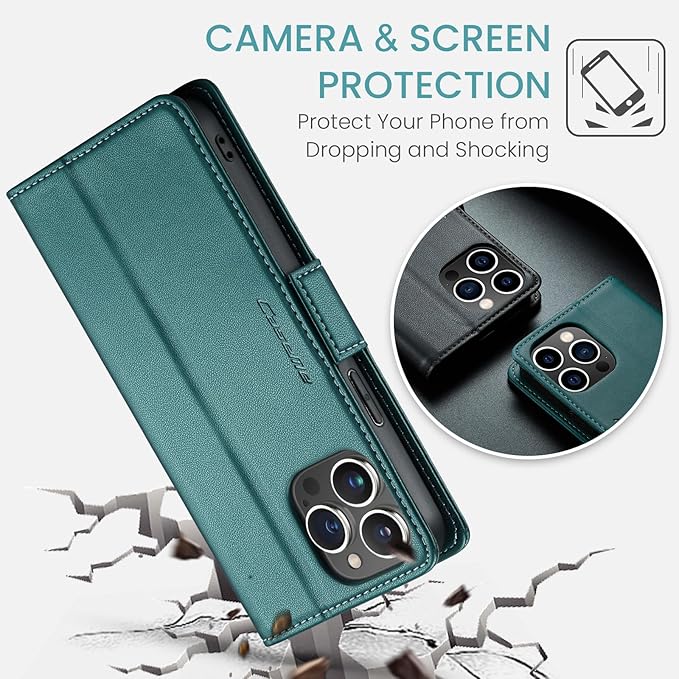 for iPhone 15 Pro Case, Premium PU Leather Wallet Case Flip Cover with [RFID Blocking][Card Holder][Stand Function] Shockproof Protective for iPhone 15 Pro, Blue-Green