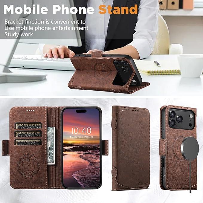Leather Magnetic Wallet Case for iPhone17 Pro Max Compatible with MagSafe & Wireless Charging, 3 Card Slots & ID Holder, Kickstand, 360° Military Shockproof Protection Premium Brown