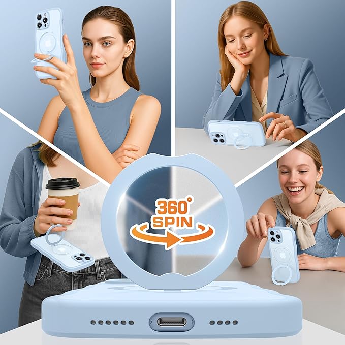 for iPhone 13 Pro Max Case for Women,[Compatible with Magsafe][360° Spin Magnetic Stand][Cute Wave Edge][Military-Grade Protection]Translucent Matte Phone Case for iPhone 13 ProMax, Baby Blue