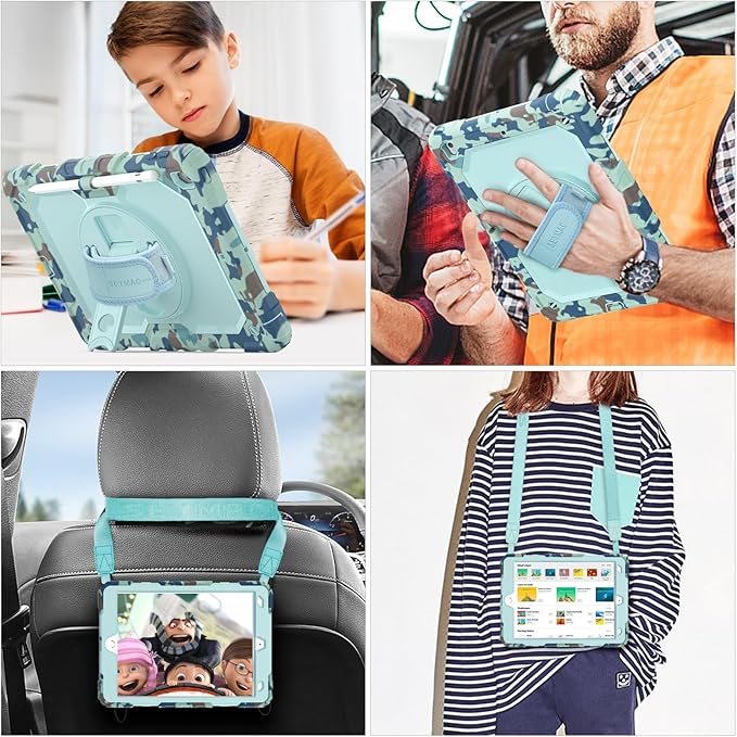 SEYMAC stock Case for iPad 9th/ 8th/ 7th Generation 10.2'', Shockproof with Screen Protector, Pencil Holder [360° Rotating Hand Strap] & Stand, for iPad 10.2 inch 2021-2019 (SkyBlue Camo)
