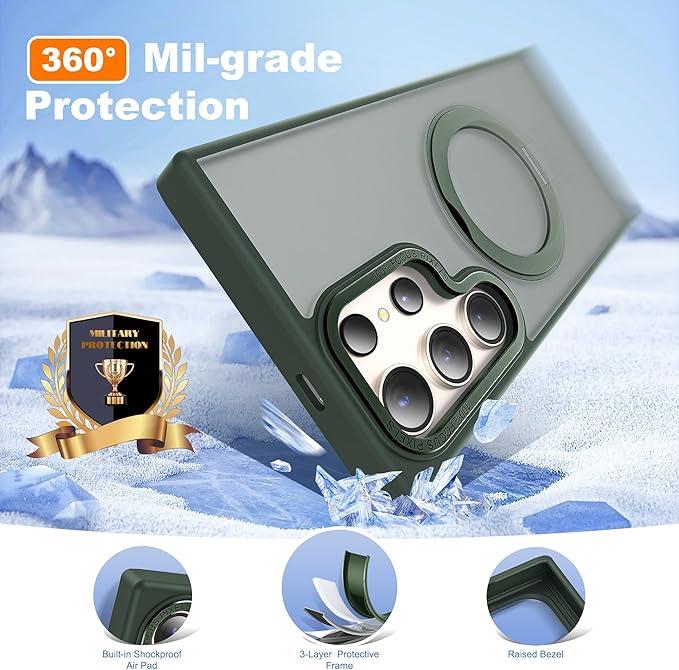 Compatible with Samsung Galaxy S22 & S23 Ultra Case with 360Rotatable Magnetic Ring Stand Compatible with Mag-Safe Military Protection Shockproof Translucent Phone Case,Dark Green