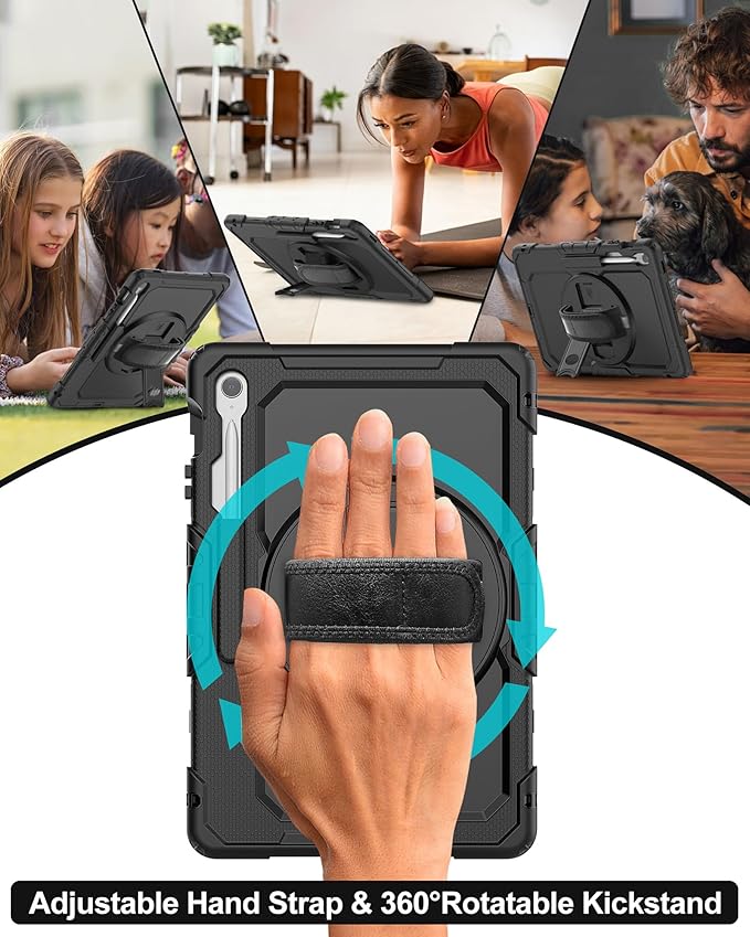 Case for Samsung Galaxy Tab S10 FE Plus 5G Tablet 13.1'', Shockproof Protective Cover with Tempered Glass Screen Protector, Rotatable Kickstand, S Pen Holder, Hand/Shoulder Strap, Black