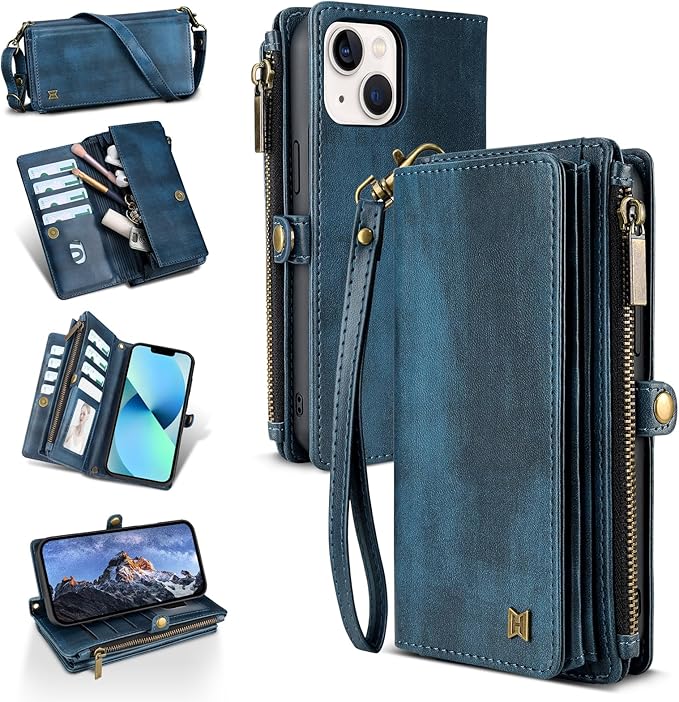 for iPhone 15 Wallet Phone Case with 7 Card Holder,RFID Blocking | PU Leather | Kickstand | Flip | Wrist Strap&Shoulder Strap | Shockproof | Zipper Wallet | Women Men | 6.1" | Blue