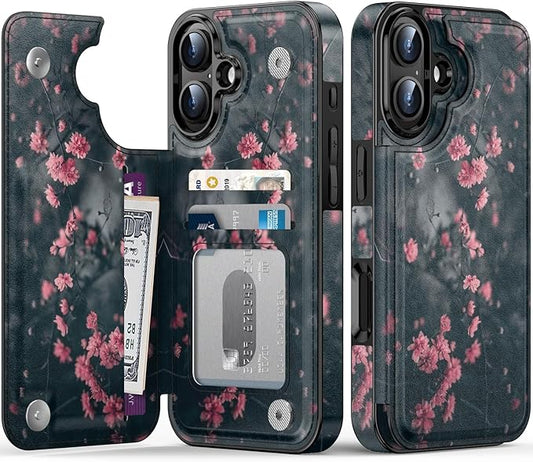 FUNMIKO for iPhone 16 Wallet Case with Card Holder, RFID-Blocking, Military-Grade Protection & UV-Printed Artwork, Magnetic Closure with Leather Kickstand - Mystic Blooming Plum