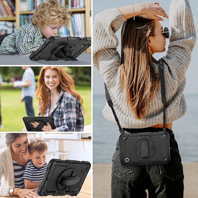 HXCASEAC Case for Samsung Galaxy Tab A7 Lite, Protective with Screen Protector/Hand Strap/Pen Holder, Sturdy A7 Lite Tablet Case, SM-T220 SM-T225 SM-T227, Black