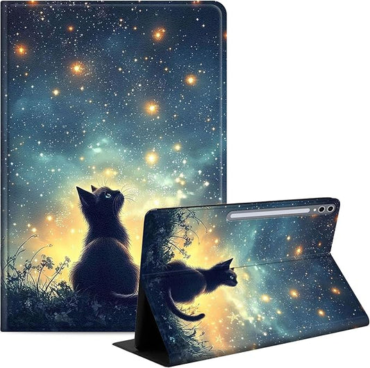 Case for Samsung Galaxy Tab S10 Plus/ S9 FE Plus/ S9 Plus 5G Tablet 12.4'', Slim PU Leather Stand Cover with Auto Wake/Sleep, Multi-Angle Viewing & Shockproof, Black Cat Sky