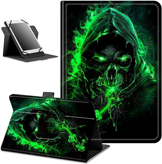 for Lenovo Tab M9 Case,9 inch Tablet Cover, Magnetic Closure Travel Portable Protective Case with 360 Degree Rotating Stand for Lenovo Tab M9 TB-310FU 2023-Green Skull