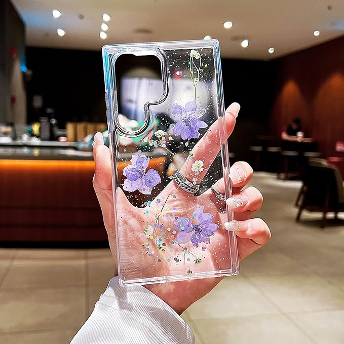 Compatible with Samsung Galaxy S23 Ultra Case Cute Pressed Dried Real Flowers Design Women Girly Shockproof Hard PC+ TPU Bumper Floral Phone Cover for Galaxy S23 Ultra (Light Purple)