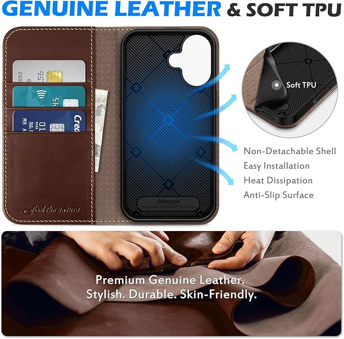 SHIELDON Case for iPhone 16 5G, Genuine Leather Foldable Wallet Magnetic Cover Kickstand RFID Blocking Credit Card Holder Shockproof Phone Case Compatible with iPhone 16 6.1" 2024 - Retro Coffee