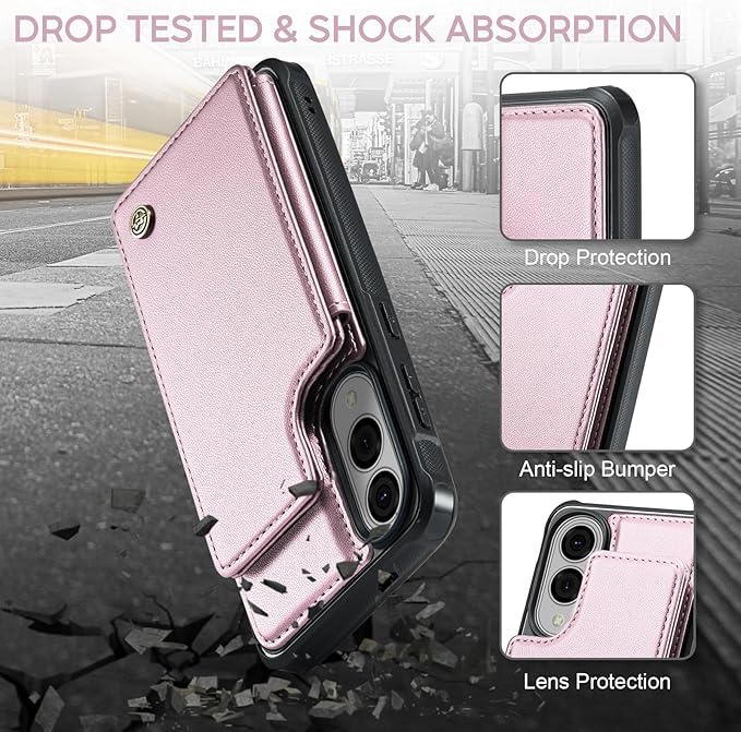 Vinich for Samsung Galaxy S25 Edge Wallet Case with Card Holder, RFID Blocking Credit Slots Kickstand Shockproof Phone Cover for Women Men, Pink