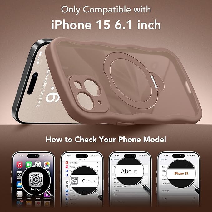 GolbinBox for iPhone 15 Case for Women,[Compatible with Magsafe][360° Spin Magnetic Stand][Cute Wave Edge][Military-Grade Protection] Translucent Matte Phone Case for iPhone 15, Brown
