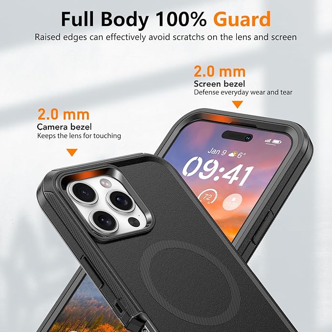 for iPhone 16 Pro Max Case with Belt Clip Holster, Anti-Shock, Anti-Slip, Compatible with MagSafe, 3-Layer Drop Protection, Heavy Duty Magnetic Phone Case Cover for16 Pro Max, 6.9", Black