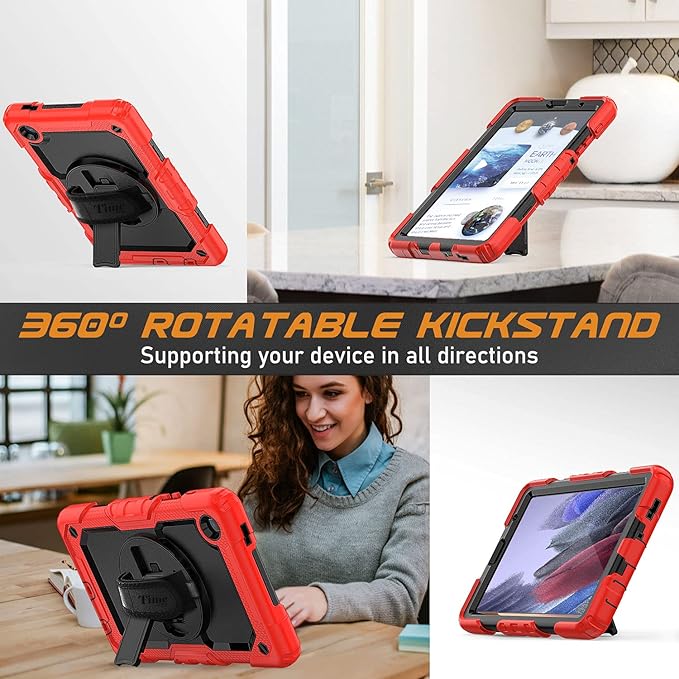 Timecity Case for Samsung Galaxy Tab A7 Lite 8.7'' 2021 (SM-T220/T225/T227), Full-Body Shockproof Protection Case with Screen Protector & 360 Rotating Stand Hand Strap - Red