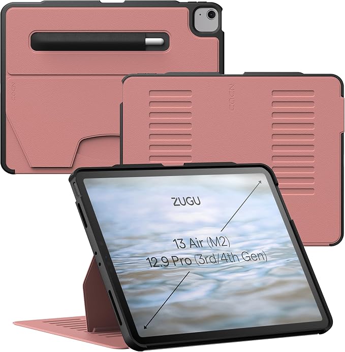 Zugu Case for iPad Air 13 Inch M3 2025 & M2 2024 &/12.9 inch (3rd/4th Gen), Slim Protective Cover with Apple Pencil Charging & Storage, Auto Wake/Sleep, Multiple Viewing Angles (Desert Rose)
