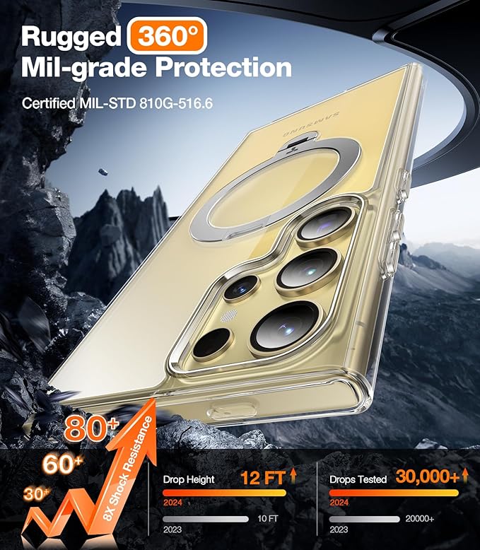 TORRAS 360° Spin Magnetic Stand for Samsung Galaxy S24 Ultra Case, Fit for Magsafe, Hard PC S24 Ultra Phone Case with Kickstand & Ring Holder, Transparent Clear