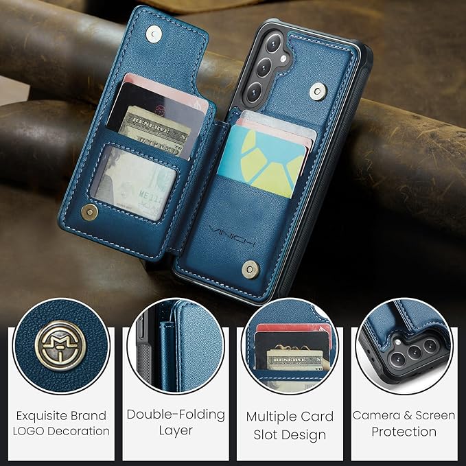 Vinich for Samsung Galaxy S24 FE Wallet Case with Card Holder, RFID Blocking Credit Slots Kickstand Shockproof Phone Cover for Women Men, Blue