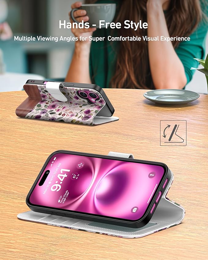 DEENAKIN for iPhone 16 Plus Wallet Case with Card Holder + Cash Clip, RFID-Blocking, Military-Grade Drop Protection, Magnetic Closure with Leather Kickstand - Floral Wallpaper