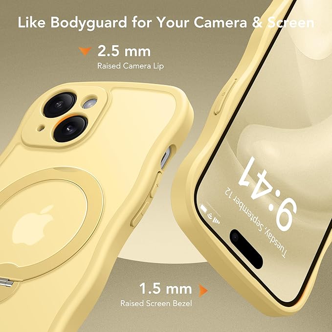 for iPhone 15 Plus Case for Women,[Compatible with Magsafe][360° Spin Magnetic Stand][Cute Wave Edge][Military-Grade Protection]Translucent Matte Phone Case for iPhone 15 Plus, Jasmine Yellow