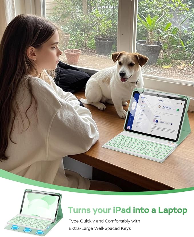 Folio Keyboard Case for iPad 10th Gen 10.9 inch (2022) and iPad 11th (A16, 2025), Magnetic Wireless Detachable Keyboard, 7-Color Backlight, Thin & Light, Pencil Holder (Green)