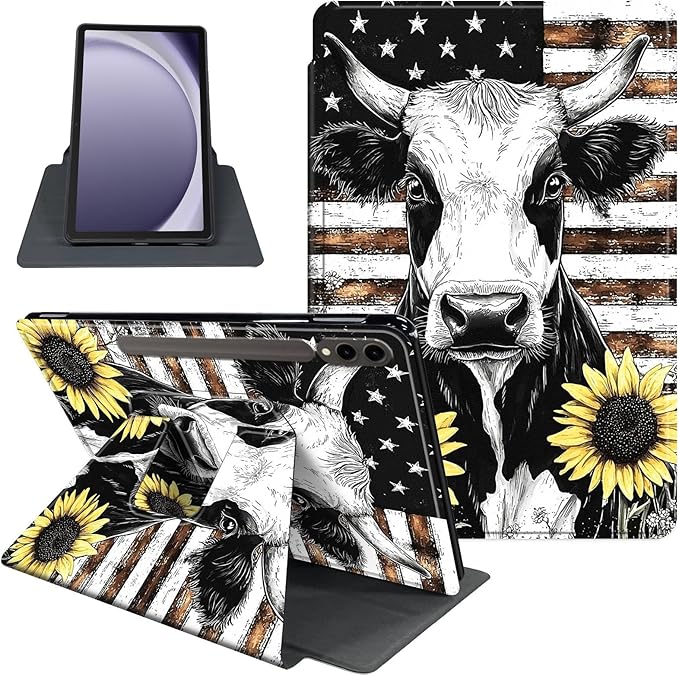 Case for Samsung Galaxy Tab S10 Ultra/Tab S9 Ultra 14.6-Inch, 360 Degree Rotating Folio Stand Smart Cover for Galaxy Tab S10 Ultra/ S9 Ultra 14.6'', Auto Sleep/Wake, Cow Sunflower
