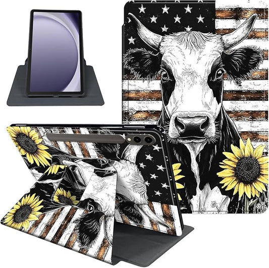 Case for Samsung Galaxy Tab S10 Ultra/Tab S9 Ultra 14.6-Inch, 360 Degree Rotating Folio Stand Smart Cover for Galaxy Tab S10 Ultra/ S9 Ultra 14.6'', Auto Sleep/Wake, Cow Sunflower