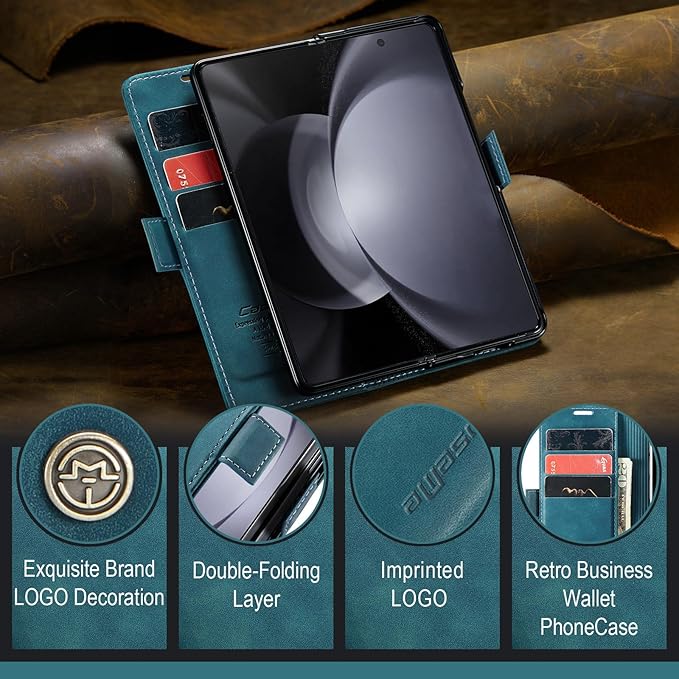 for Samsung Galaxy Z Fold5 Case, Flip Wallet Leather Case with Card Holder Magnetic Closure Shockproof Kickstand Protective Phone Cases Cover for Samsung Galaxy Z Fold5,Blue-Green