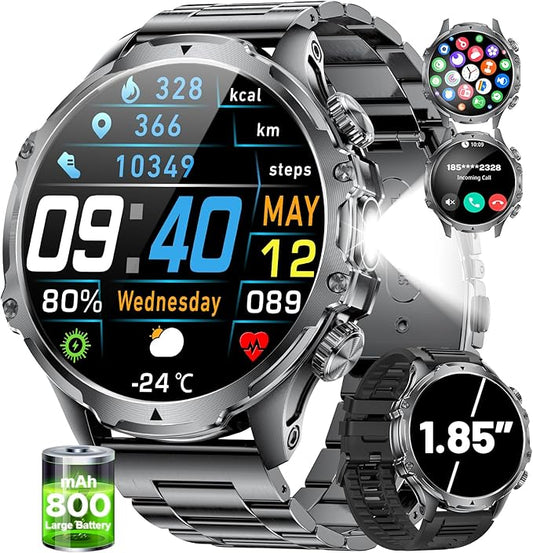 Smart Watches for Men(Answer/Make Calls) with LED Flashlight, 1.85"HD Screen Outdoor Sports Smartwatch ,800mAh Battery,Heart Rate/SpO2/Sleep Monitor 5ATM Waterproof Fitness Tracker for Android iOS
