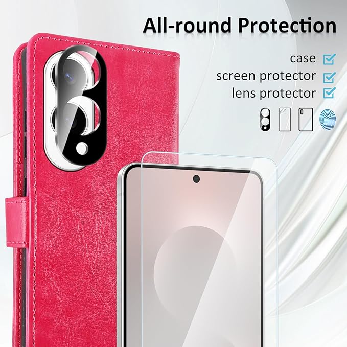 MONASAY Wallet Case Fit for Samsung Galaxy S25 Edge 5G，[Lens & Glass Screen Protector] [RFID Blocking] Flip Folio Leather Cell Phone Cover with Credit Card Holder, 6.7 inch, Hot-Pink