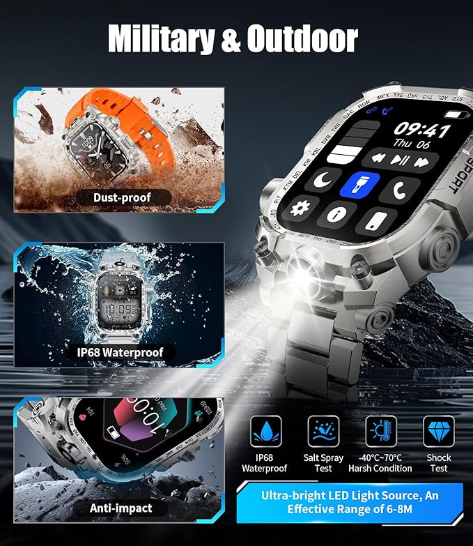 Military Smart Watches for Men(Answer/Make Calls),2.01"HD Screen Sports Smartwatch with LED Flashlight,700mAh Battery,Heart Rate/Sleep Monitor Fitness Tracker for Android iOS,100+Sport Modes,Sliver