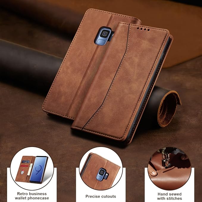 Jasonyu Flip Wallet Case for Samsung Galaxy S9,Leather Magnetic Folio Cover with Card Holder,Kickstand - TPU Shockproof Durable Protective Phone Case,Brown