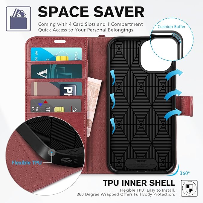 TUCCH Wallet Case for iPhone 15 with [Wrist Strap], Magnetic Closure RFID Blocking 4 Card Slot, Stand Shockproof TPU Shell PU Leather Folio Compatible with iPhone 15 6.1" 2023, Dark Red with Wristlet