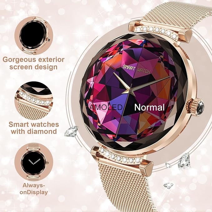Smart Watches for Women Answer/Make Call, 1.19" AMOLED Smartwatch with Bluetooth for Android iOS Phones, IP68 Waterproof Fitness Tracker with Heart Rate SpO2 Sleep Monitor, Rose Gold