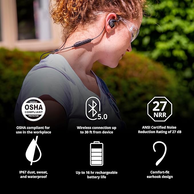 ISOtunes PRO 2.0 Bluetooth Earplug Headphones, 27 dB Noise Reduction Rating, 16+ Hour Battery, IP67 Durability, Noise Cancelling Mic, OSHA Compliant Professional Hearing Protector (Matte Black)