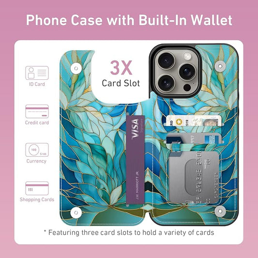 FUNMIKO for iPhone 15 Pro Wallet Case with Card Holder, RFID-Blocking, Military-Grade Protection & UV-Printed Artwork, Magnetic Closure with Leather Kickstand - Sleek Cyan Leaf