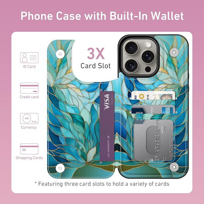 FUNMIKO for iPhone 13 Pro Wallet Case with Card Holder, RFID-Blocking, Military-Grade Protection & UV-Printed Artwork, Magnetic Closure with Leather Kickstand - Sleek Cyan Leaf