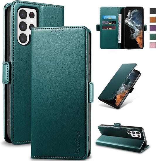 Wallet Flip Case for Samsung Galaxy S22 Ultra 5G - [RFID Blocking] Luxury PU Leather Card Holder Magnetic Phone Cover with Kickstand,Shockproof Protective Case,Green