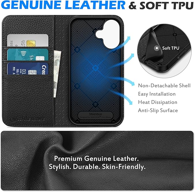 SHIELDON Case for iPhone 16 6.1" 2024, Genuine Leather Wallet Magnetic Cover RFID Blocking Card Slot Kickstand Shock-Absorbent TPU Phone Holder Case Compatible with iPhone 16 5G - Pebbled Black