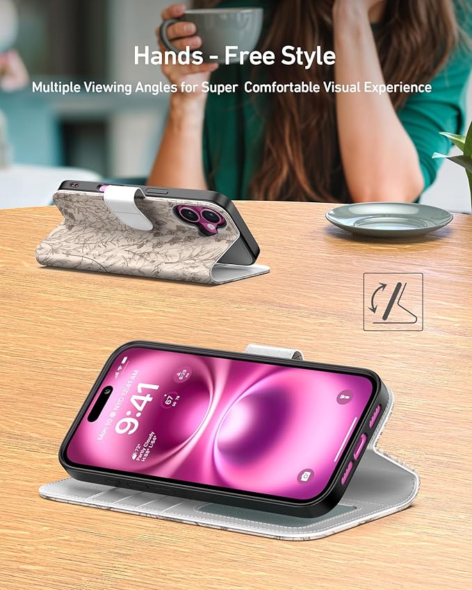 DEENAKIN for iPhone 16 Wallet Case with Card Holder + Cash Clip, RFID-Blocking, Military-Grade Drop Protection, Magnetic Closure with Leather Kickstand - Serene Foliage