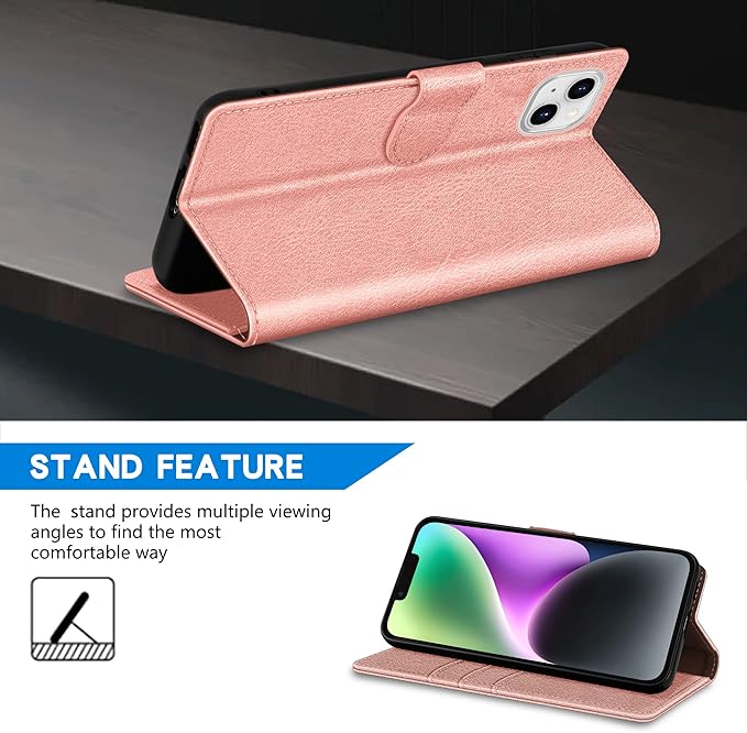 ZZXX for iPhone 14 Wallet Case with [RFID Blocking] Card Slot Kickstand Magnetic Closure Leather Flip Fold Protective Phone Case for iPhone 14 Case Wallet(Rose Gold-6.1 inch)