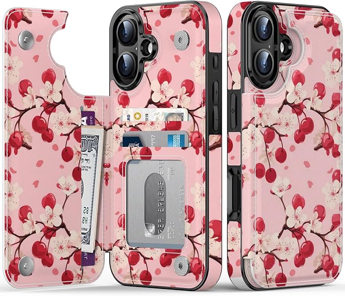FUNMIKO for iPhone 16 Wallet Case with Card Holder, RFID-Blocking, Military-Grade Protection & UV-Printed Artwork, Magnetic Closure with Leather Kickstand - Cherry Blossom