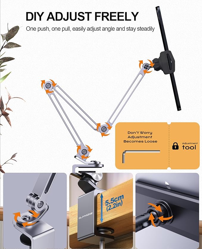 Aluminum Alloy Tablet Stand for Desk, 360° Adjustable iPad Arm Mount Foldable Phone Holder Compatible with iPad Pro Air 13/12.9/11 Mini, Portable Monitor 15.6, Samsung Galaxy, Kindle- Grey
