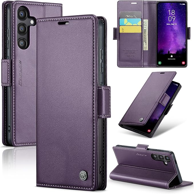AUPAI for Samsung Galaxy S25 Wallet Case with Credit Card Holder, PU Leather RFID Blocking Folio Flip Kickstand Magnetic Clasp Protective Phone case for Women Men Purple