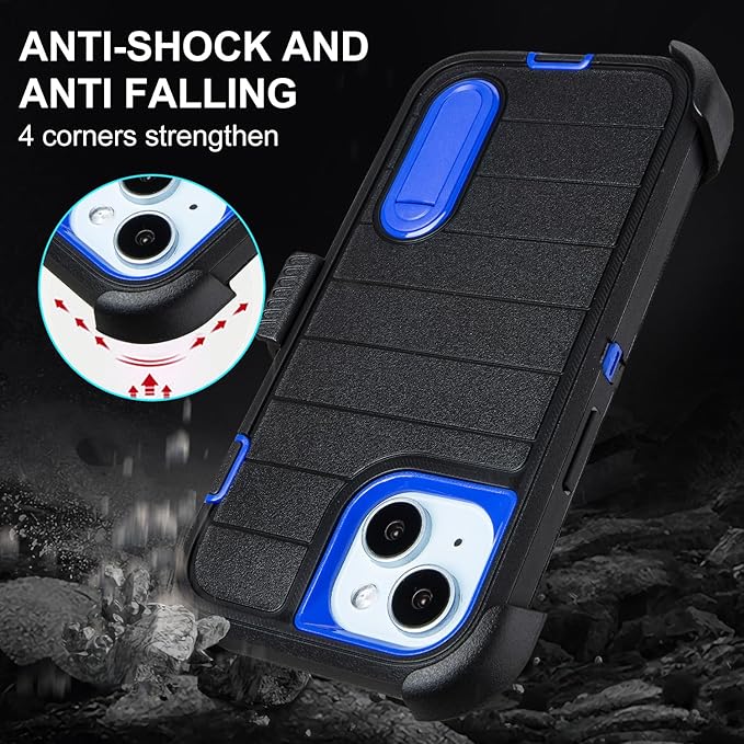 for Rugged iPhone 15 Case with Belt Clip Holster, Military Grade Heavy Duty Shockproof Cover for iPhone15 Case Protective with Stand 6.1 Inch (Black+Blue)