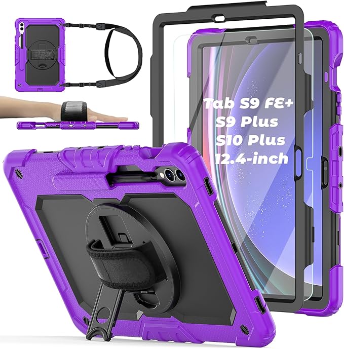 Case for Samsung Galaxy Tab S10 Plus/ S9 FE Plus/ S9 Plus 5G Tablet 12.4'', Shockproof Protective Cover with [Tempered Glass Screen Protector], Stand, Shoulder Strap & S Pen Holder (Purple)