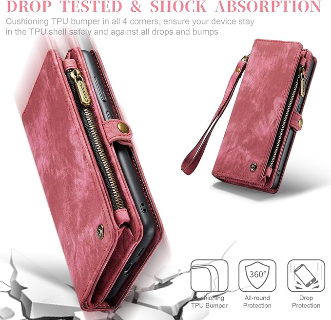 SZHAIYU 2 in 1 Detachable for Samsung Galaxy S23 Wallet Case with Card Holder, Retro Premium Flip Leather Cover Magnetic Zipper Pocket Phone Cases 6.1'' (Red,S23)