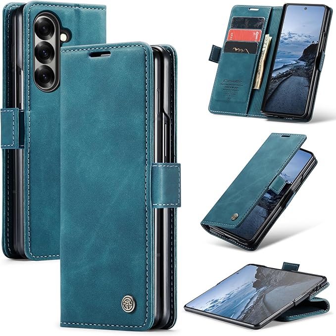 Wallet Case for Samsung Galaxy Z Fold 7 Leather Wallet Flip Cover with Card Holder, Kickstand, Magnetic Closure, RFID Blocking TPU Shockproof Phone Case Compatible with Fold 7, Blue-Green