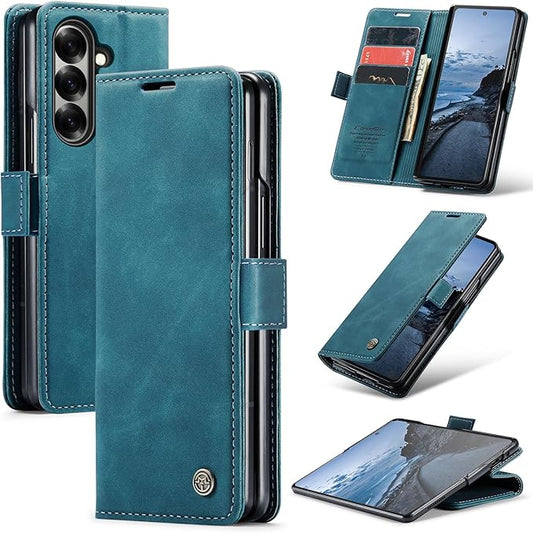 Wallet Case for Samsung Galaxy Z Fold 7 Leather Wallet Flip Cover with Card Holder, Kickstand, Magnetic Closure, RFID Blocking TPU Shockproof Phone Case Compatible with Fold 7, Blue-Green